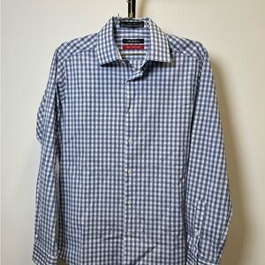 Saks Fifth Avenue Trim Fit Blue Gingham Shirt 15.5 32/33 Cotton Stretch